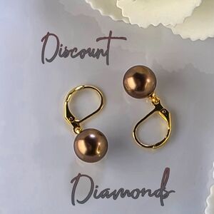 10mm Coffee South Sea Shell Pearl Leverback Earrings 14K Gold on 925 Silv…